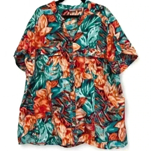 Laura Scott Plus Size 16/18 Multicolor Floral Button-Up Top Short Sleeve - Picture 1 of 3